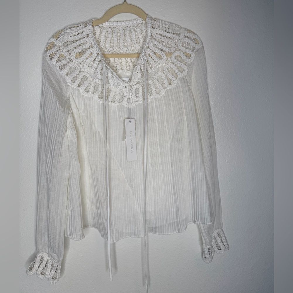 NWT ✨ Jonathan Simkhai Romantic Lace Trim Pleated Blouse Small - Picture 3 of 7